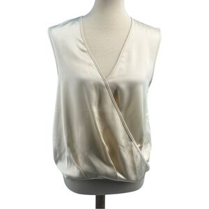 Faux Wrap Sleeveless V-Neck Hi-Lo Hem Pale Yellow Cream  M…